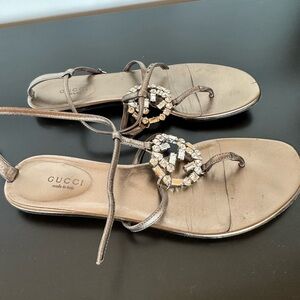 Gucci metallic pewter Interlocking GG crystal sandal
